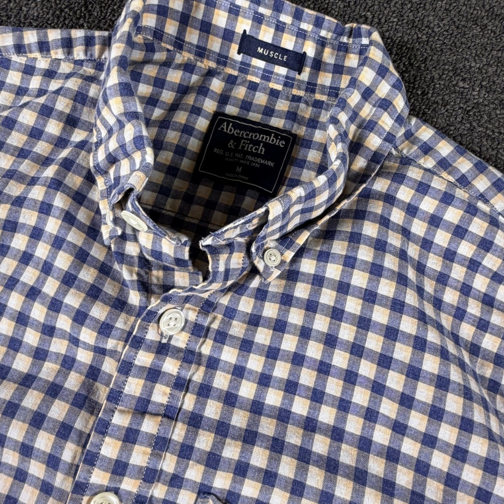 Abercrombie & Fitch Shirt Mens M Muscle Blue Yellow Gingham Button Down EUC